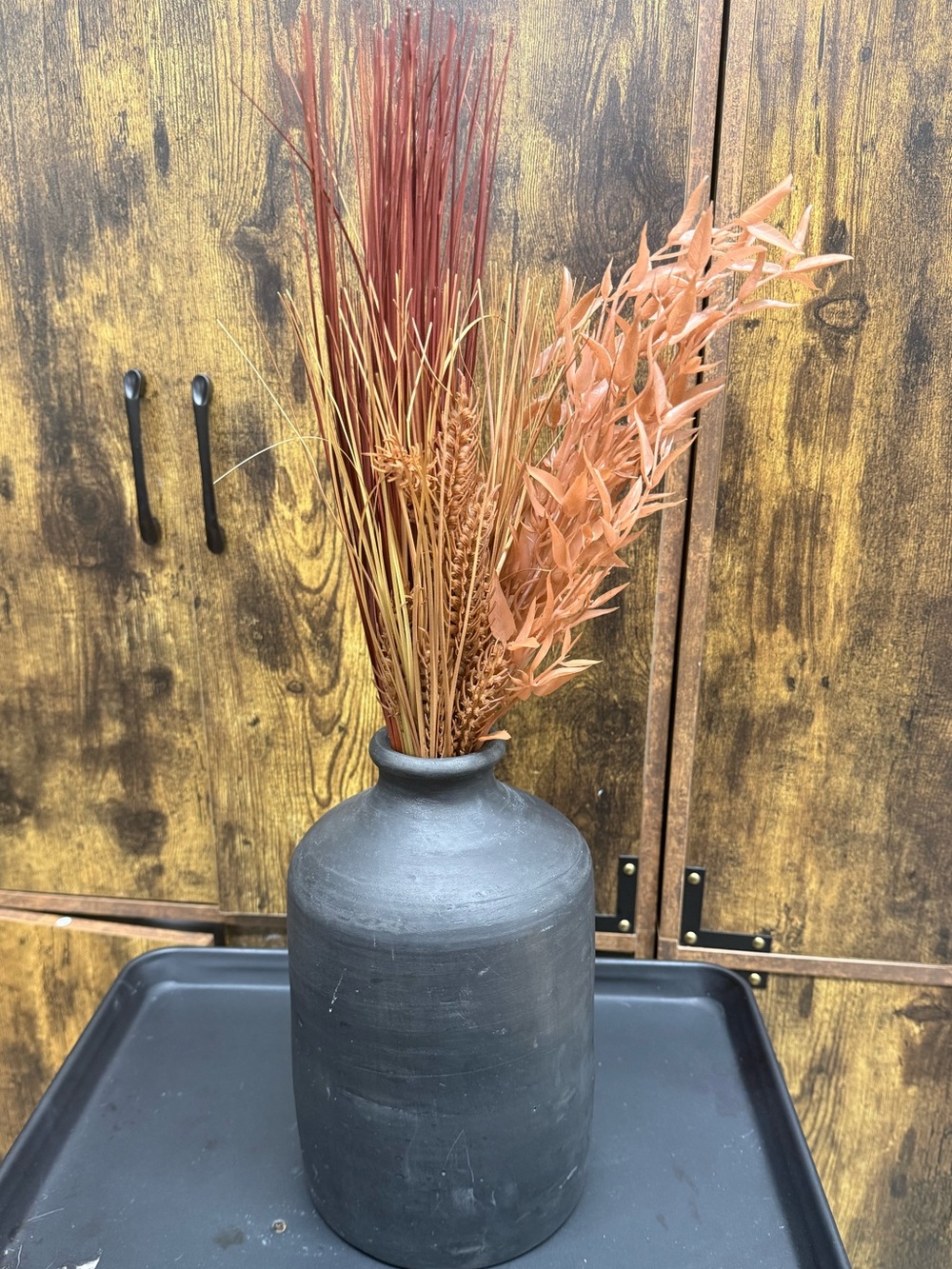 Decorative Matte Black Ceramic Vase with Autumn Stem Arrangement